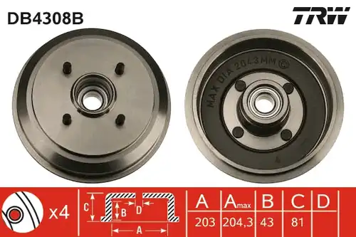 спирачен барабан TRW DB4308B