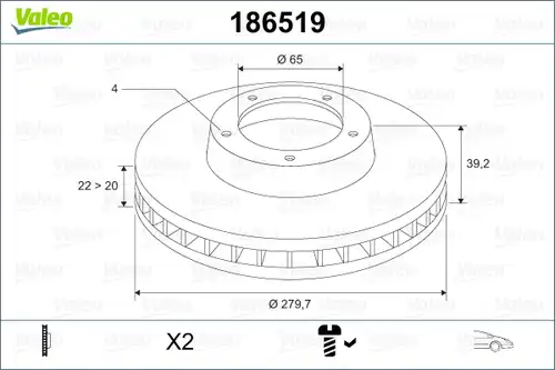 спирачен диск VALEO 186519