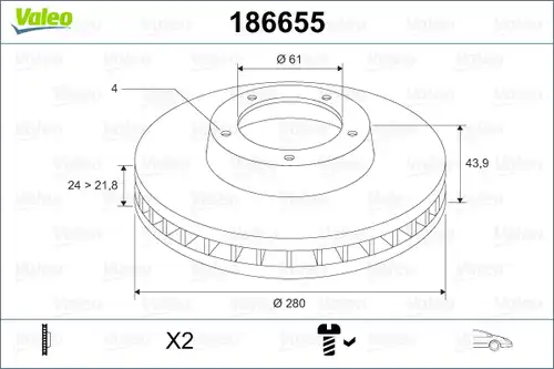 спирачен диск VALEO 186655