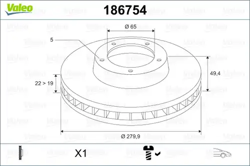спирачен диск VALEO 186754