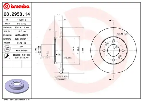 спирачен диск BREMBO 08.2958.14