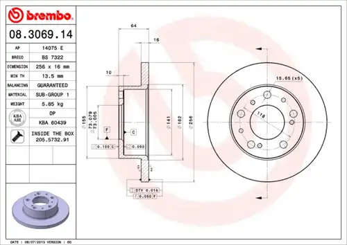 спирачен диск BREMBO 08.3069.14