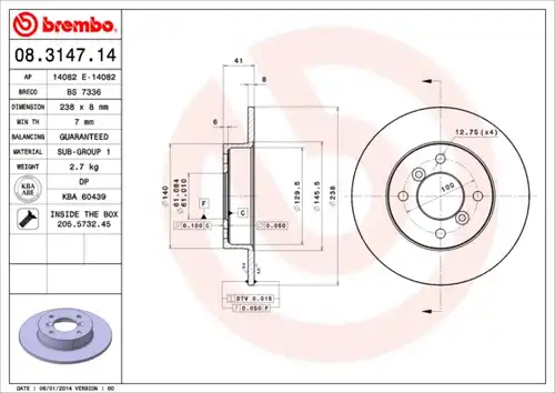 спирачен диск BREMBO 08.3147.14