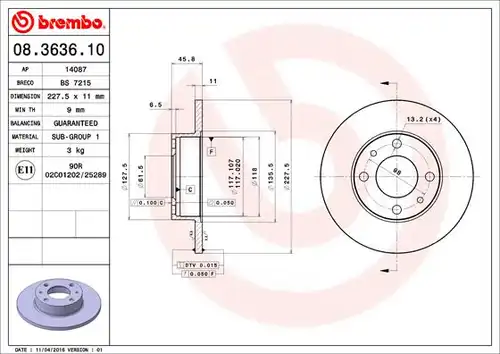 спирачен диск BREMBO 08.3636.10