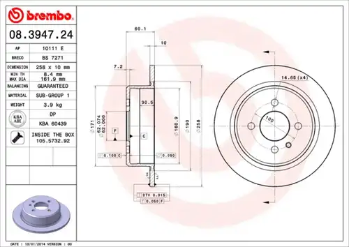 спирачен диск BREMBO 08.3947.24