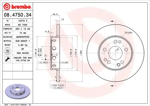 спирачен диск BREMBO 08.4750.34