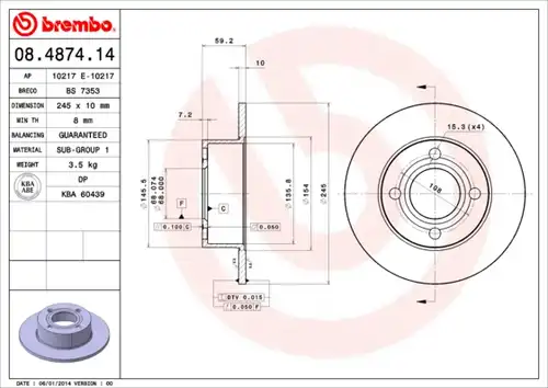 спирачен диск BREMBO 08.4874.14