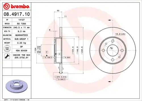 спирачен диск BREMBO 08.4917.10