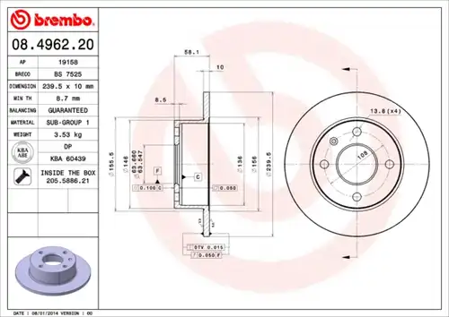 спирачен диск BREMBO 08.4962.20