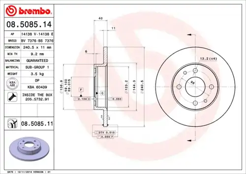 спирачен диск BREMBO 08.5085.11