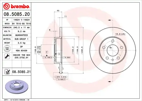 спирачен диск BREMBO 08.5085.20