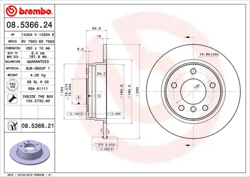 спирачен диск BREMBO 08.5366.21