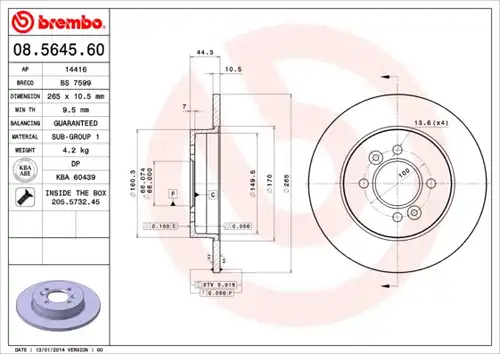 спирачен диск BREMBO 08.5645.60