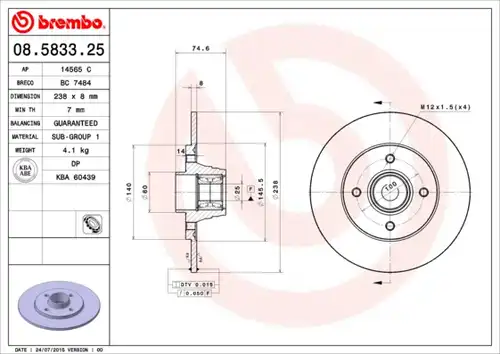 спирачен диск BREMBO 08.5833.25