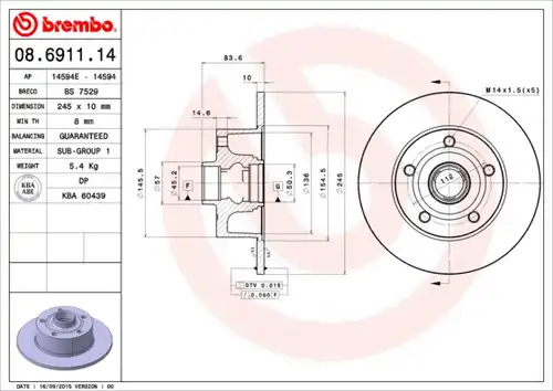 спирачен диск BREMBO 08.6911.14