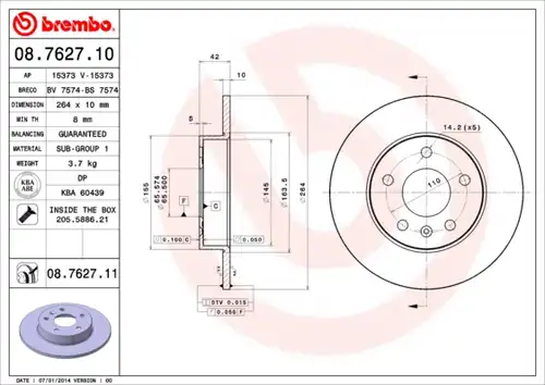 спирачен диск BREMBO 08.7627.11