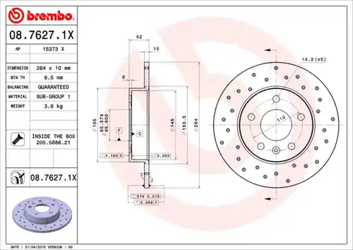 спирачен диск BREMBO 08.7627.1X