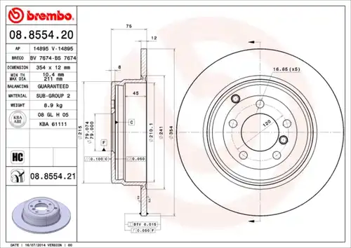 спирачен диск BREMBO 08.8554.20