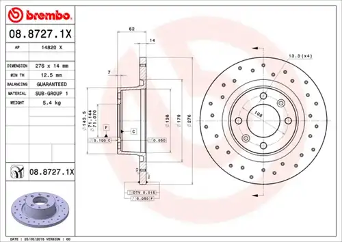 спирачен диск BREMBO 08.8727.1X