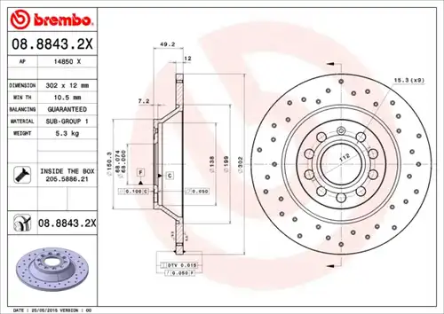 спирачен диск BREMBO 08.8843.2X