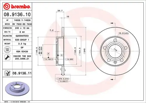 спирачен диск BREMBO 08.9136.10