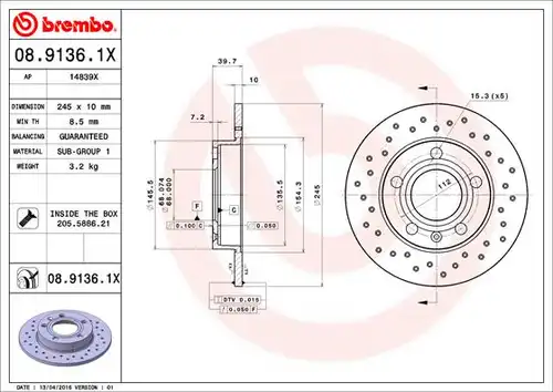 спирачен диск BREMBO 08.9136.1X