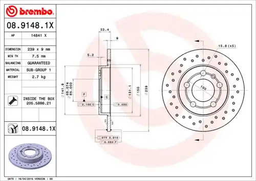 спирачен диск BREMBO 08.9148.1X