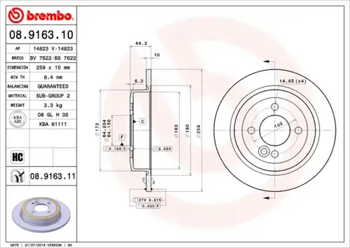 спирачен диск BREMBO 08.9163.10