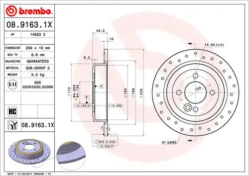 спирачен диск BREMBO 08.9163.1X