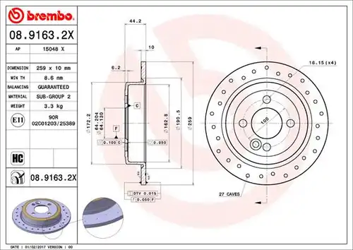 спирачен диск BREMBO 08.9163.2X