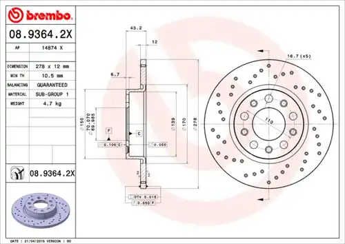 спирачен диск BREMBO 08.9364.2X