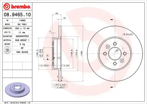 спирачен диск BREMBO 08.9465.10