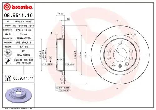 спирачен диск BREMBO 08.9511.10