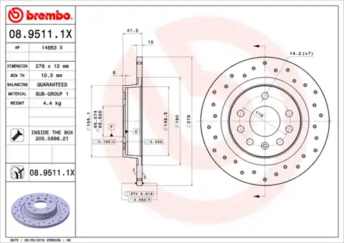 спирачен диск BREMBO 08.9511.1X