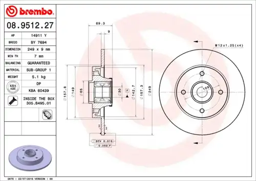 спирачен диск BREMBO 08.9512.27