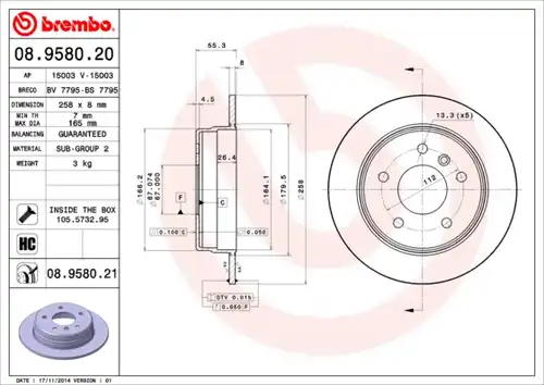 спирачен диск BREMBO 08.9580.21