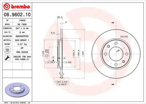 спирачен диск BREMBO 08.9602.10