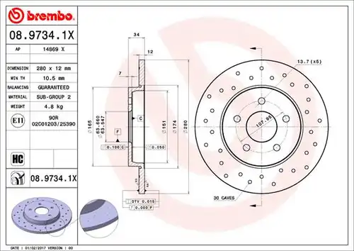 спирачен диск BREMBO 08.9734.1X