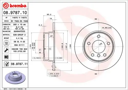 спирачен диск BREMBO 08.9787.10