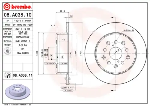 спирачен диск BREMBO 08.A038.10