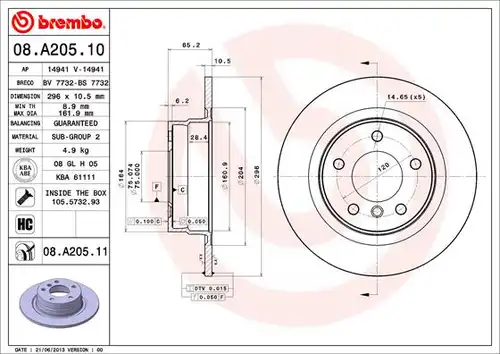 спирачен диск BREMBO 08.A205.10