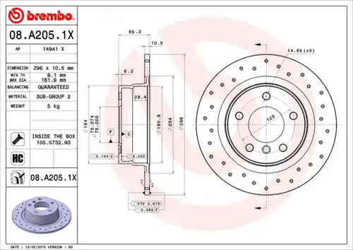 спирачен диск BREMBO 08.A205.1X