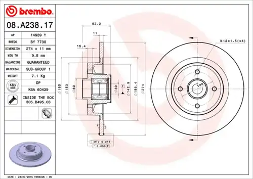 спирачен диск BREMBO 08.A238.17