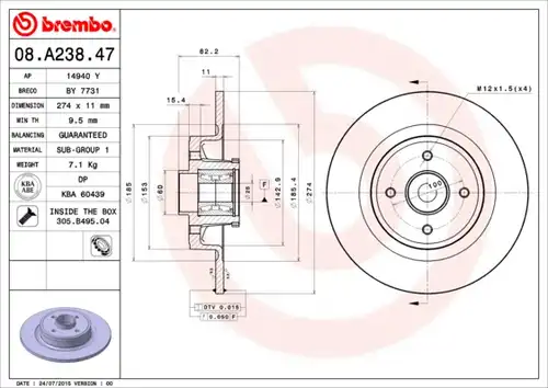 спирачен диск BREMBO 08.A238.47