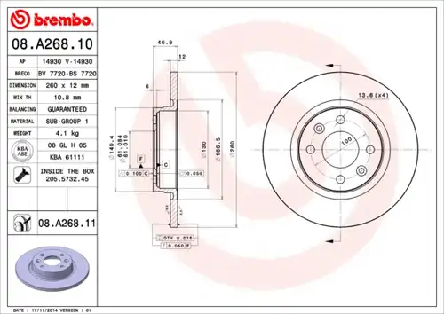 спирачен диск BREMBO 08.A268.10