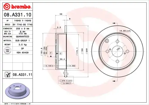 спирачен диск BREMBO 08.A331.10