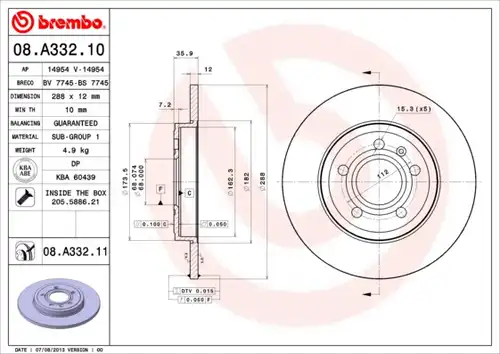 спирачен диск BREMBO 08.A332.10