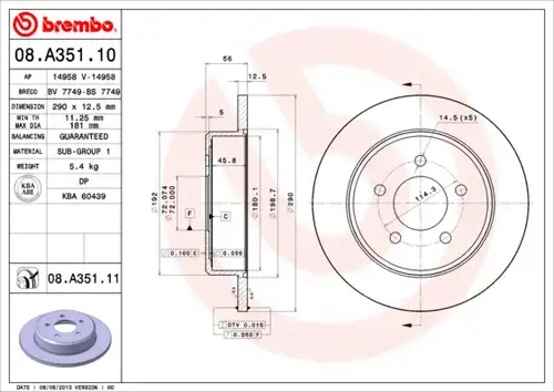 спирачен диск BREMBO 08.A351.10