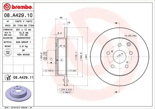 спирачен диск BREMBO 08.A429.10