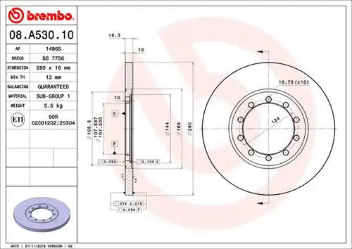 спирачен диск BREMBO 08.A530.10